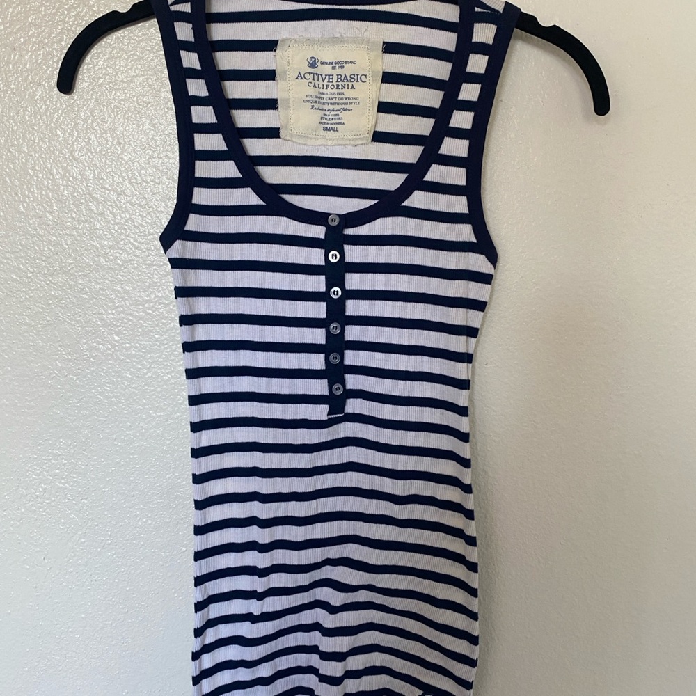 Active Basic Navy and White Striped Tank Top